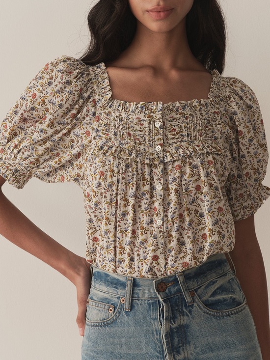 Doen Tops - Doen Farley Cotton Ruffle Pintuck Button Puff Short Sleeve Top Jardin Du Chateau